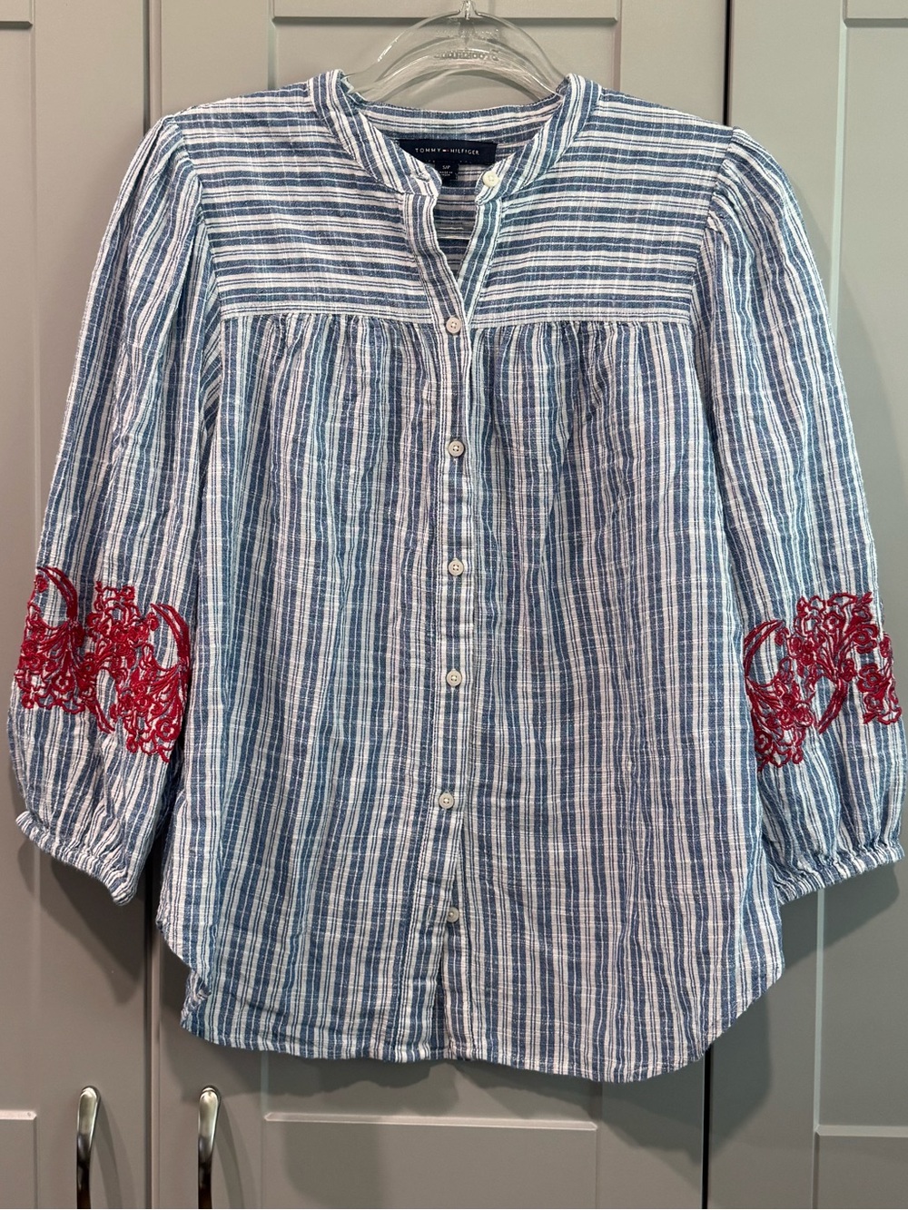 Women’s Blue & White Striped Button-Front Top with Red Embroidered Sleeves